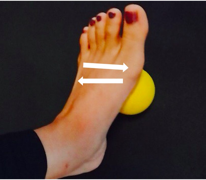 踵を床に着けた状態でボールに体重をかけながら、親指と小指を交互に床に着ける動作を繰り返します。